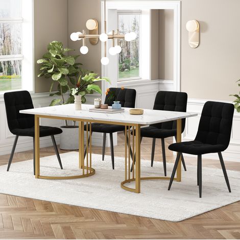 Ensemble de salle à manger MDF blanc effet marbre, table 140x80 cm avec 4 chaises en velours et pieds métal (1/5)
