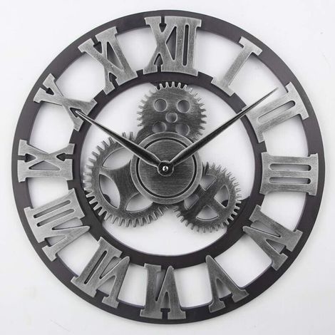 Horloge Murale Rétro 3D Silencieuse sans Tic, Engrenage en Bois, Quartz Vintage Rustique, Décoration Salon Maison, Chiffres Romains Argent, 40 cm (1/4)