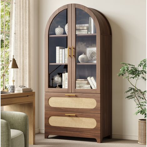 Vitrina 80x40x175 cm color madera en MDF con puertas de cristal, 2 cajones y estantes ajustables (1/5)