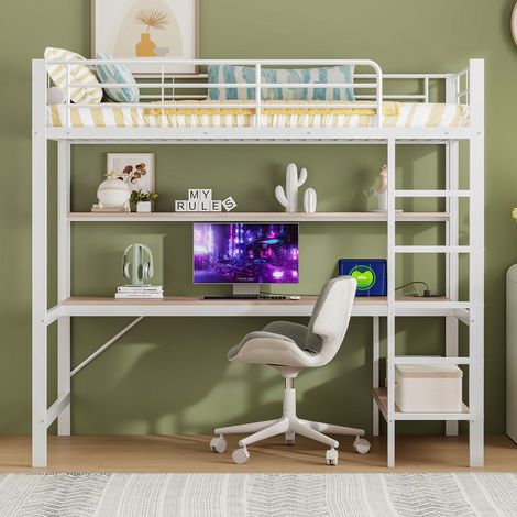 Lit mezzanine 90 x 200 cm avec rambarde, échelle, usb, prise et éclairage led, bureau et étagère – lit en métal blanc sans matelas (1/5)