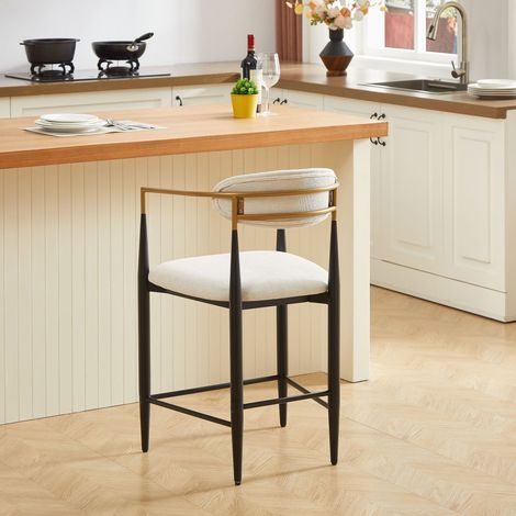 Lot de 2 tabourets de bar avec accoudoirs, tissu beige, structure métal noir et doré, dossier rembourré, style vintage français (1/5)