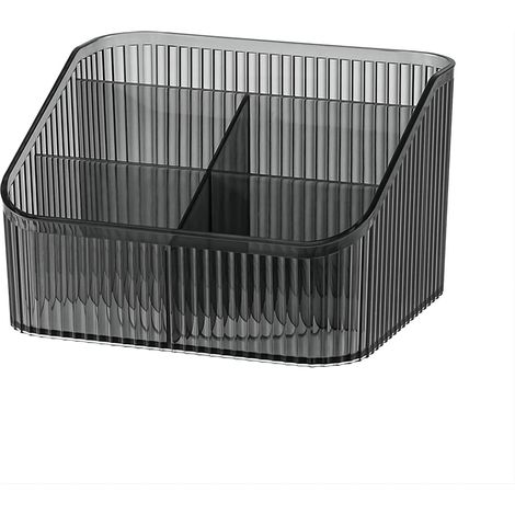 Rangement maquillage acrylique noir 5 compartiments, organise pinceaux et cosmétiques sur coiffeuse. (1/5)