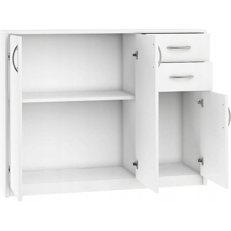 Buffet blanc contemporain 3 portes 2 tiroirs – Dimensions 110 x 35 x 85 cm – Panneau stratifié 16 mm – Rangement moderne (1/5)