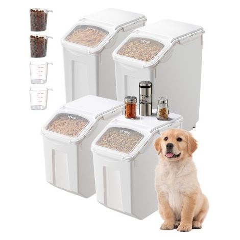 Contenedor de Almacenamiento de Arroz, 15 L x 2 + 20 L x 2, para Cereales y Granos para Ingredientes de Cocina, para Mascotas con Ruedas, 4 Tazas Medidoras, 365 x 230 x 365 mm ± 10 mm, Blanco (1/5)