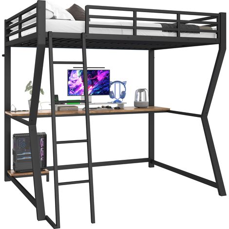 Letto a soppalco 140x200 cm con LED, scrivania, presa e USB, scaffale per PC, scala e sponda di sicurezza, struttura in metallo e MDF - CHICFURN (1/5)