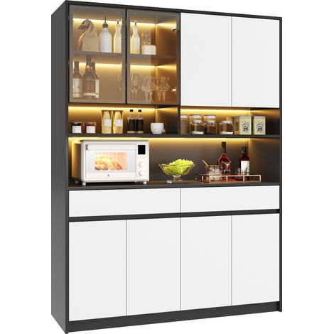 Hoher Sideboard Schrank mit LED Beleuchtung in Glasfach & offener Ablage,Glasausstellungsbereich, Schrank mit APP-gesteuerter farbverstellbarer LED-Beleuchtung, Wohnzimmer Vorratschrank