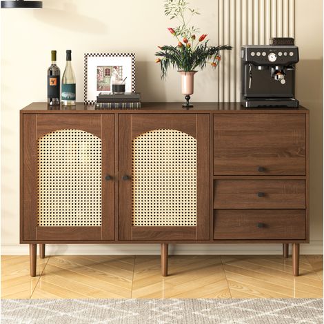 Anrichte aus Spanplatte in Holzfarbe, 130x40x75,5 cm, mit Rattantüren, verstellbaren Einlegeböden und Magnetverschluss (1/5)