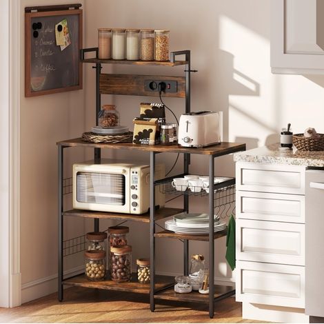 Estantería de cocina 90/42/130 cm en marrón rústico con enchufes integrados y ganchos (1/5)