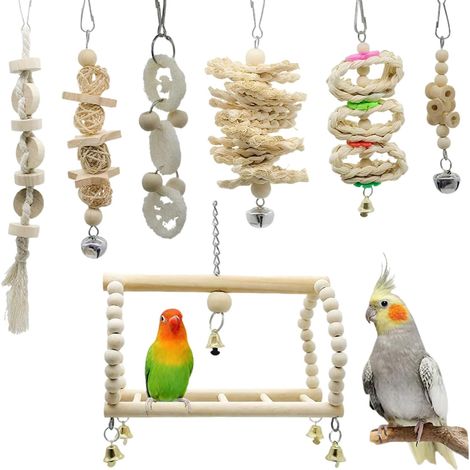 Lot de 8 Jouets pour Oiseaux, Balançoire en Bois, Hamac à Mâcher, Clochette Interactive, Accessoire Cage Perruche (1/5)