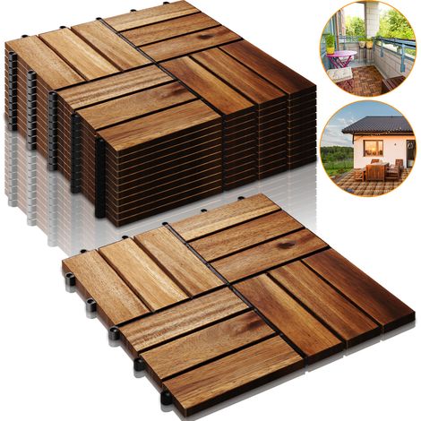 Wolketon 6 Latten Holzfliesen. 3m² Bodenbelag aus Akazienholz 30x30cm. Klickfliesen Mosaik. perfekt Fliese für Garten Terrasse Balkon(33 Stück)