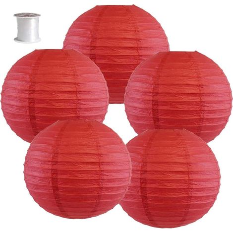 Lanternes Chinoises - Lot de 5 - Papier et Métal - Suspension Décorative - Mariages Fêtes Intérieur Extérieur - Rouge Foncé 25cm (1/5)