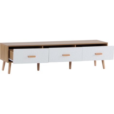 Meuble TV bas vintage en bois clair avec portes blanches texturées, 150 x 35 x 39 cm (1/5)