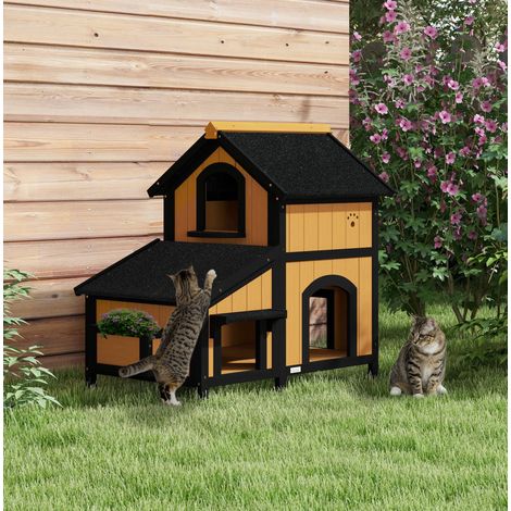 Casa para gatos de exterior de madera, 2 niveles, techo bituminoso, amarilla (1/5)
