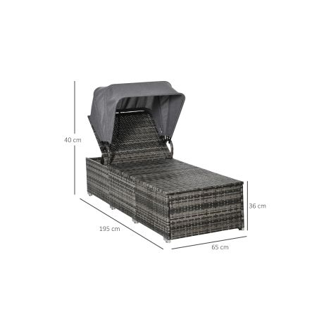 Chaise longue grise en polyrotin avec pare-soleil, dossier réglable et coussin, 195 x 65 x 40 cm, pour jardin et terrasse (1/5)