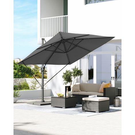 Parasol décentré de jardin 3 x 3 m, Ombrelle de terrasse, toile carrée, protection solaire UPF 50+, rotatif 360°, inclinaison réglable, avec manivelle et socle, Gris (1/5)