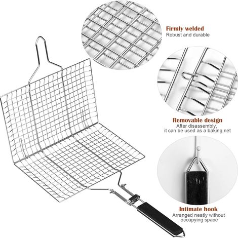 Panier à griller en acier inoxydable, 32 x 21 cm, pliable, portable et robuste (1/4)