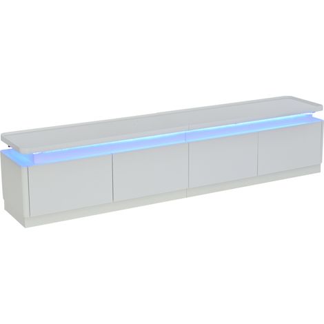 Meuble TV blanc laqué avec 4 tiroirs, éclairage LED, 180 x 34 x 40 cm, adapté pour téléviseur jusqu'à 75 pouces (1/5)