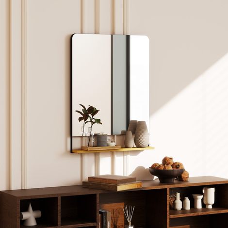 HOMCOM Miroir Mural Rectangulaire 80x60cm - Avec Étagère en Bois, Cadre en Métal Moderne, Noir