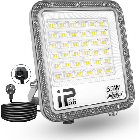 Lumière LED Extérieur 50W, 5000LM, Blanc Froid 6500K, Projecteur LED Sécurité IP65 Étanche, Lumière de Travail LED pour Porte d'Entrée, Entrepôt, Parking, Cour, Rue avec Prise (1 Pièce) (1/5)