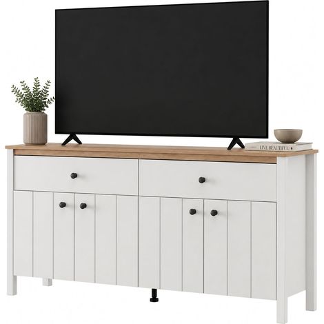 Kommode Belve, Anrichte mit 3 Ablagen, 2 Schubladen, 4 Türen, 163x40x92h cm Mattweiß