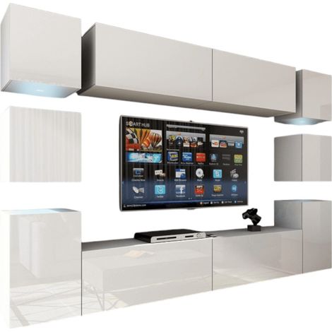 Ensemble de meubles de salon blanc suspendus collection CEPTO XIV. 256cm, 10 meubles, 10 portes, leds