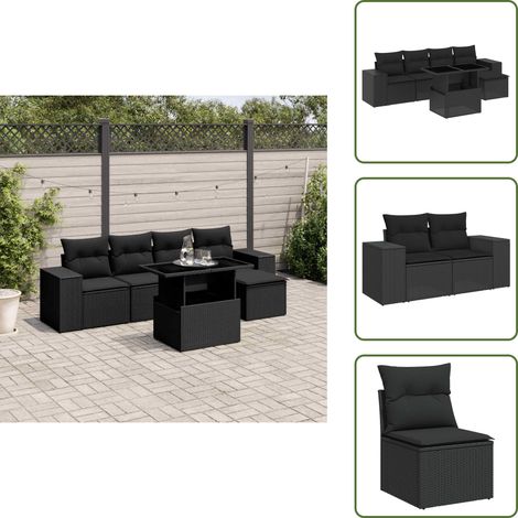 6-tlg. Garten-Sofagarnitur mit Kissen Schwarz Poly Rattan - Gartenmöbel Set - Esszimmergarnitur - Outdoor Möbel - Lounge Set - Balkonmöbel (1/5)