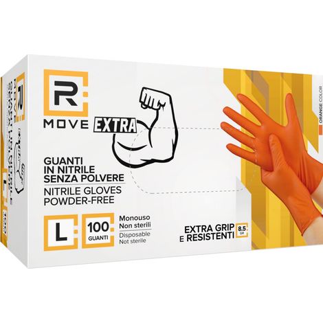 R Move Guanti In Nitrile Arancione Da Lavoro 8,5g - Senza Polvere, Extra Grip, Spessore 0,23mm - 50 Pz Taglia L