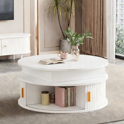 Table basse relevable ronde 75 cm avec LED, rangement caché, MDF blanc - REDOM (1/5)