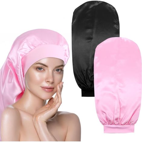 Lot de 2 grands bonnets de sommeil en satin pour femme avec bandeau à nouer et chouchous pour cheveux longs et bouclés, tresses (noir, rose) (1/5)