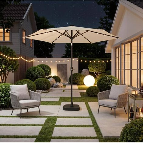 Parasol rond Ø 292 x 247 cm avec LED solaires, inclinaison 30°, manivelle, beige, fer et polyester (1/5)