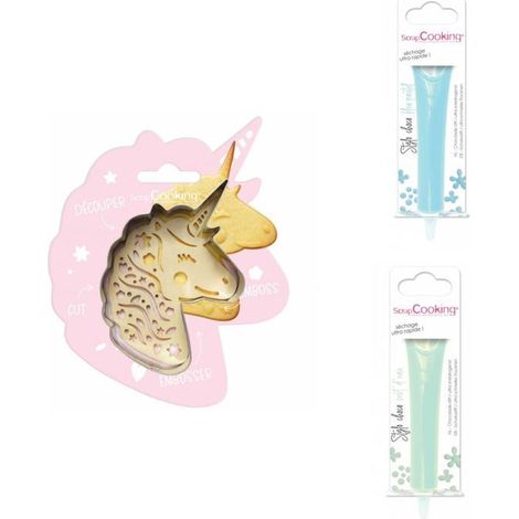 Kit pour biscuit en relief Licorne + 2 Stylos au chocolat bleu pastel et vert d'eau