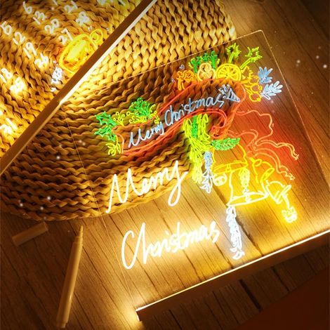 Tableau mémo lumineux LED 2025 avec couleurs, tableau blanc lumineux en acrylique, tableau effaçable à sec avec support réglable et stylo de 7 couleurs, tableau à dessin lumineux LED pour bureau, écol