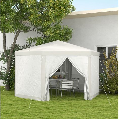 CHICFURN Cenador hexagonal 4 x 4 m de poliéster y metal color crema con mosquiteras (1/5)