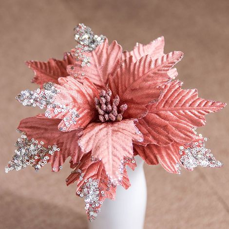 Autres décorations de Noël 25cm flanelle à paillettes fleurs de Noël faites à la main décoration de sapin de Noël fleurs rose