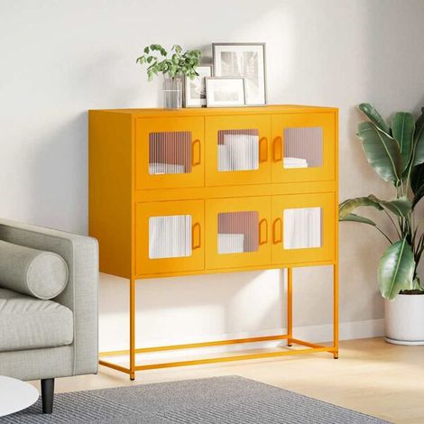 Buffet de Cuisine Jaune Moutarde en Acier, Meuble Rangement 100.5x39x107 cm avec Étagères Ajustables, Armoire de Stockage Moderne pour Salon et Salle à Manger (1/5)
