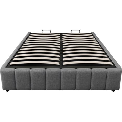 Cama tapizada 140 x 200 cm con almacenamiento hidráulico, sin cabecero, gris (1/5)