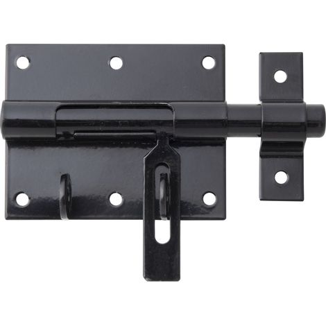 Verrou porte-cadenas robuste avec gâche fixe et poignée plateRevêtement noir plastifié – Plaque 90 x 73 mm – Marque Alberts (1/2)