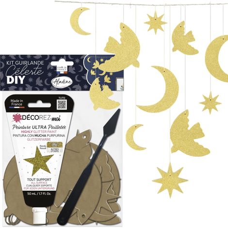Kit Guirlande Céleste - Déco en Bois à Peindre - Lune, Étoile, Colombes - Kit Formes en Bois Peinture Dorée - Sapin de Noël - Loisirs Créatifs - 85510 (1/5)