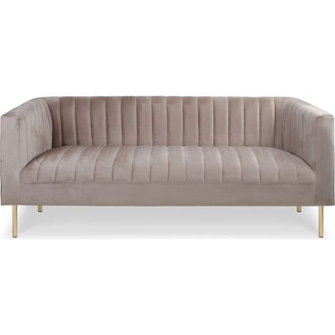 Cotecosy – Canapé droit 3 places velours taupe – Coutures verticales – Dimensions L180 x P76 x H72 cm – Pieds en métal doré (1/5)