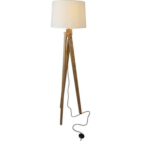 Barcelona Led – Lampadaire trépied en bois naturel – Abat-jour toile blanche – Hauteur 120cm – Pour salons et bureaux