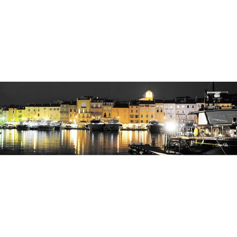 Tableau sur toile port Saint-Tropez nuit 30x97 cm - Impression sur Toile Murale Décorative - Image imprimée en HD sur Toile - Toile sur Châssis en Bois FSC - Fabriqué en France (1/4)