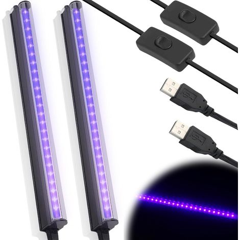 Lumière noire LED, paquet de 2 barres de lampe à lumière noire UV, barre de lumière noire USB 5W 28cm, tube de lumière noire avec prise et interrupteur (1/5)