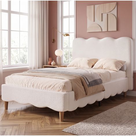 Lit enfant 90x200 cm en tissu bouclé blanc, moderne pour chambre, sans matelas FloraGrace (1/5)