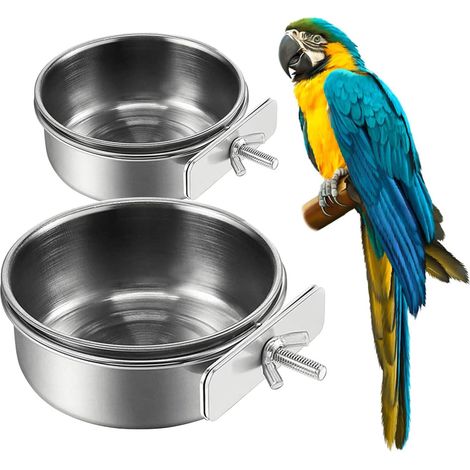 Lot de 2 mangeoires en acier inoxydable avec supports - Gamelles pour nourriture et eau pour cages de perroquets et petits oiseaux (1/5)