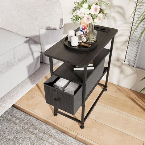 Beistelltisch – Beistelltisch – 1 Schublade – 60 x 30 x 62 cm – mit integrierter Mehrfachsteckdose – Modernes Design & einfaches Aufladen – Schwarz