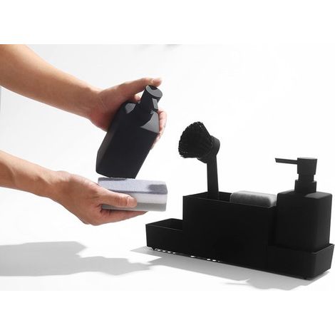 Distributeur de savon 4-en-1 avec organiseur d'évier, porte-éponge et brosse à vaisselle, distributeur de détergent gain de place, noir mat, pour maison et restauration (1/5)