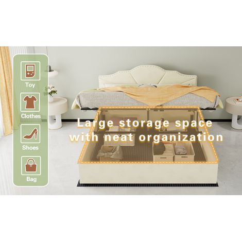 Lit coffre 160x200 cm en tissu beige, relevage hydraulique et gain de place, sans matelas – MEUBLIV (1/5)