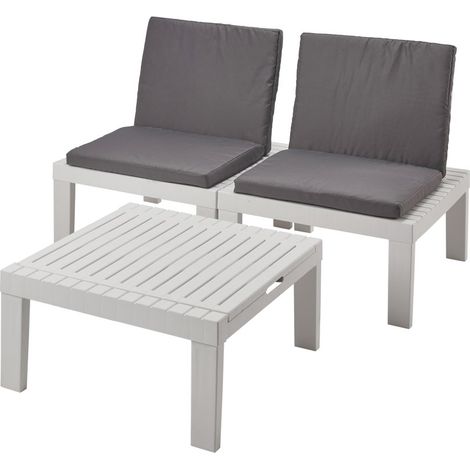Dmora - Set salotto da esterno Cervia, Set da giardino con 2 sedute con schienale ed 1 modulo multifunzione, Salottino con cuscini, 100% Made in Italy, Bianco, con imballo rinforzato (1/5)