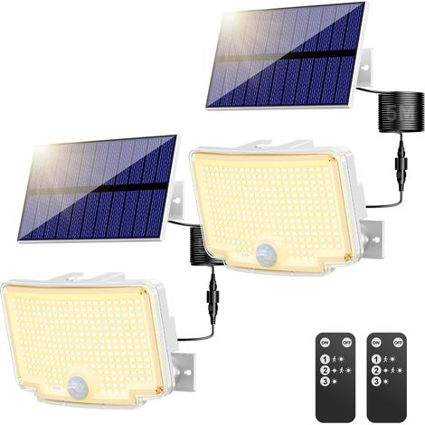 Lampe Solaire Extérieur Detecteur de Mouvement【310 LED/3Mode/Angle d'éclairage 270 °】, Lumiere Solaire Extérieure avec Télécommande, Étanche Eclairage Exterieur Solaire avec Câble de 5M 2 pièce (1/5)