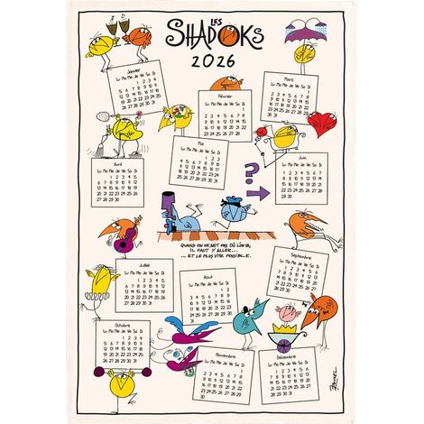 Torchon de Cuisine Calendrier 2026 Les Shadoks en Coton Absorbant Écru 48 x 72 cm - PANGIVO